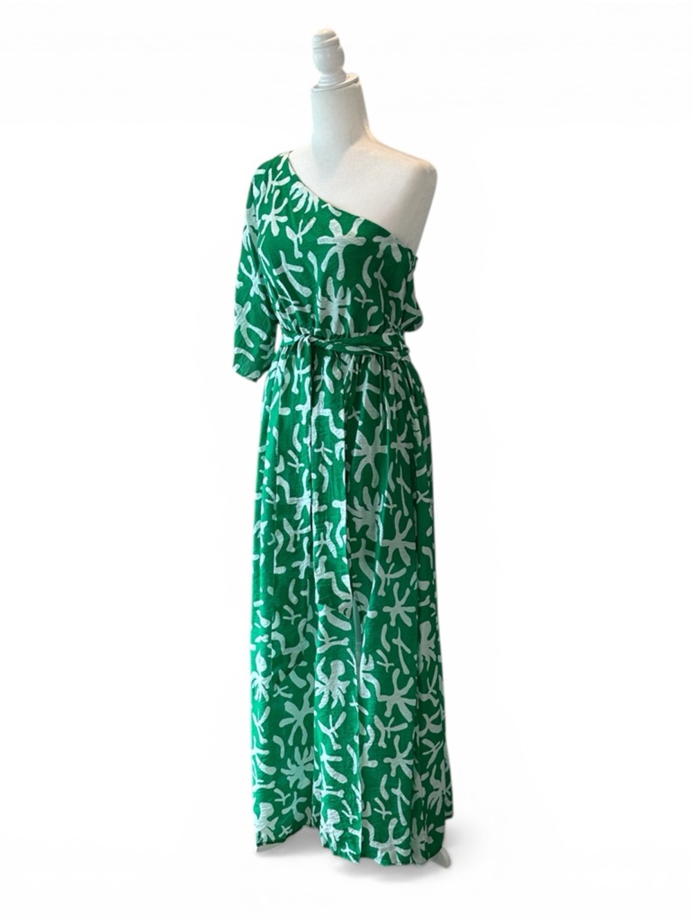 Entro NWT Green One-Shoulder Printed Midi Dress with Slit Sz L - Picture 3 of 10